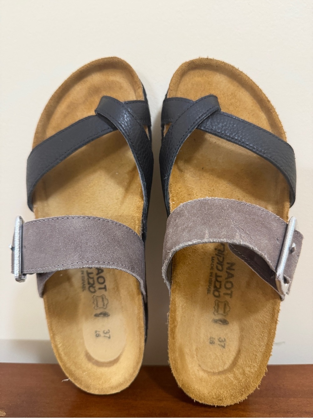 Naot Two-Strip Suede and Leather Crossover Sandals in Taupe and Black- size 6